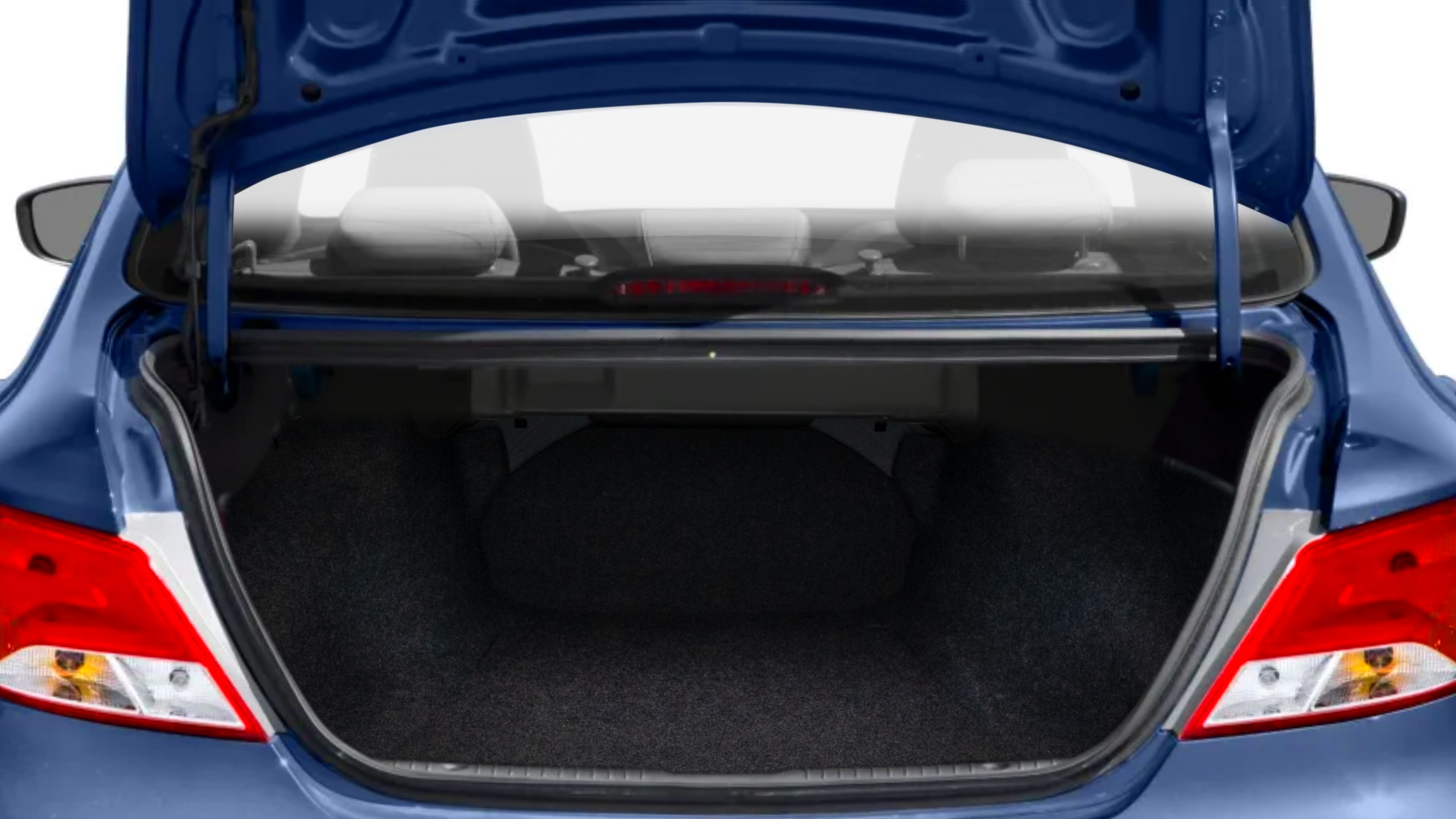 The trunk lid is open showing full view of the trunk. A baby stroller, three grocery carriers, two camping chairs in the carrying bag, and a set of golf clubs are placed inside.