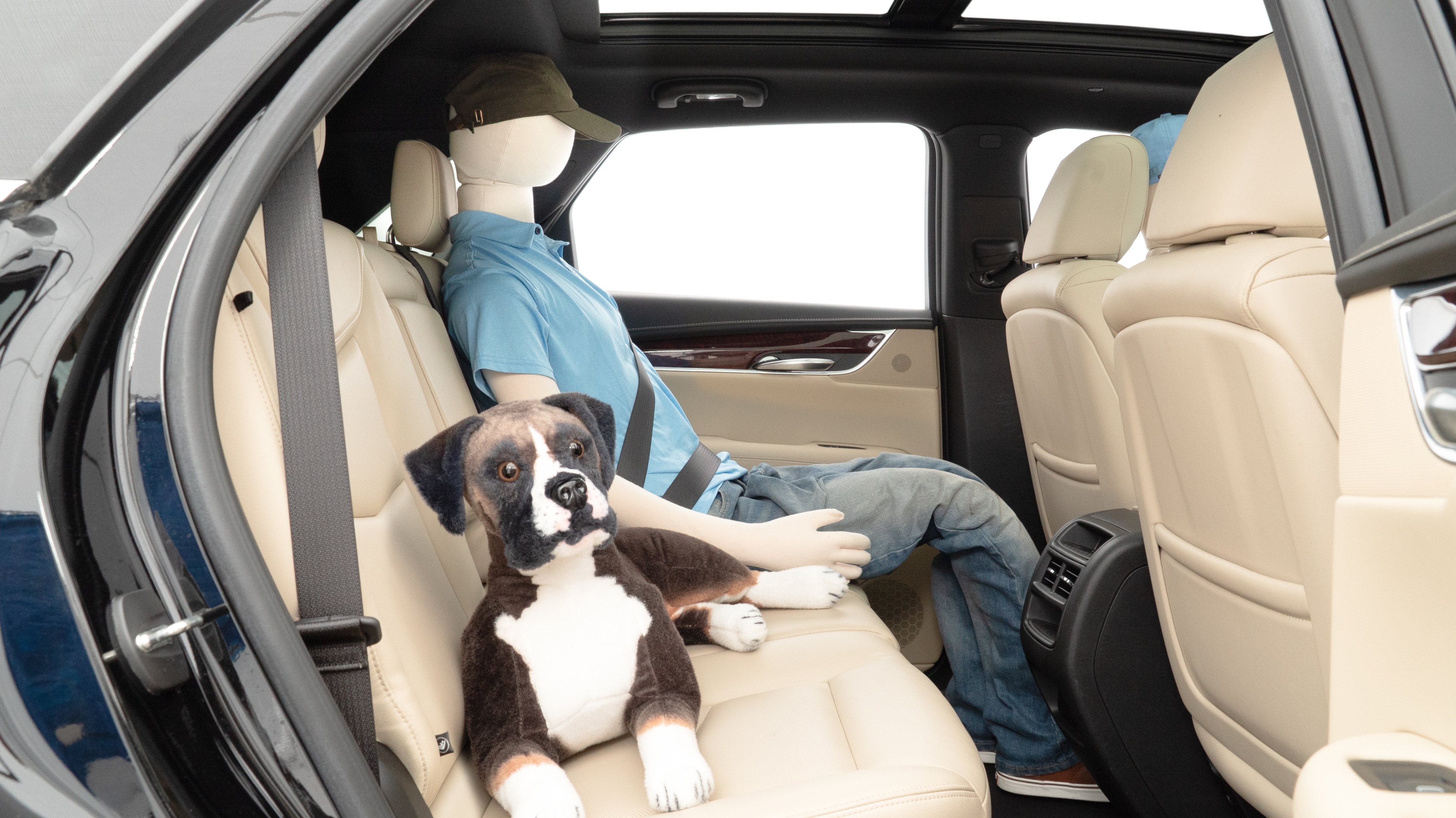 A series of second-row backseat photos is shown including one seating a baby seat and one seating a 6'1" mannequin.