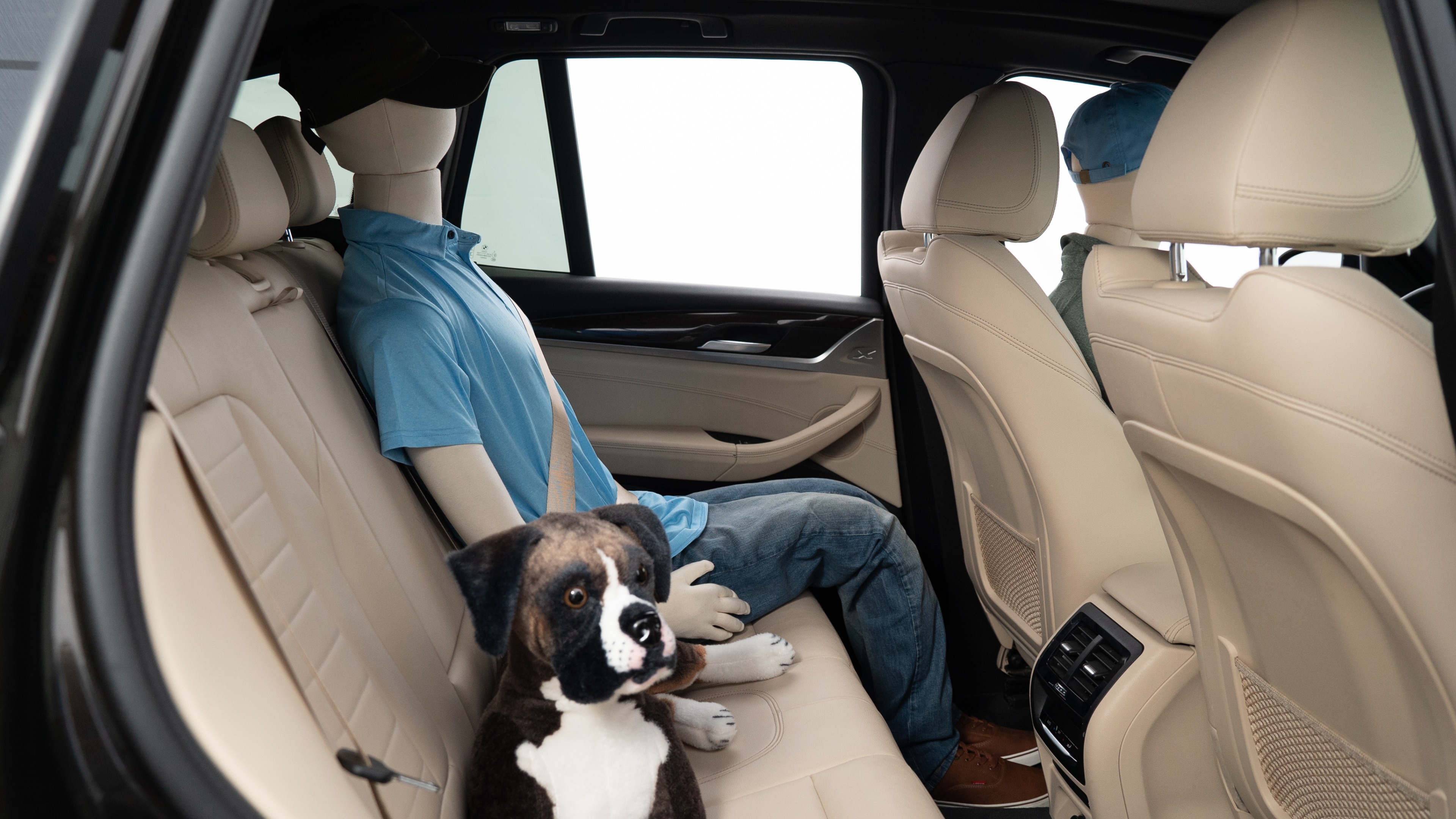 A series of second-row backseat photos is shown including one seating a baby seat, a dog and one seating a 6'1" mannequin.