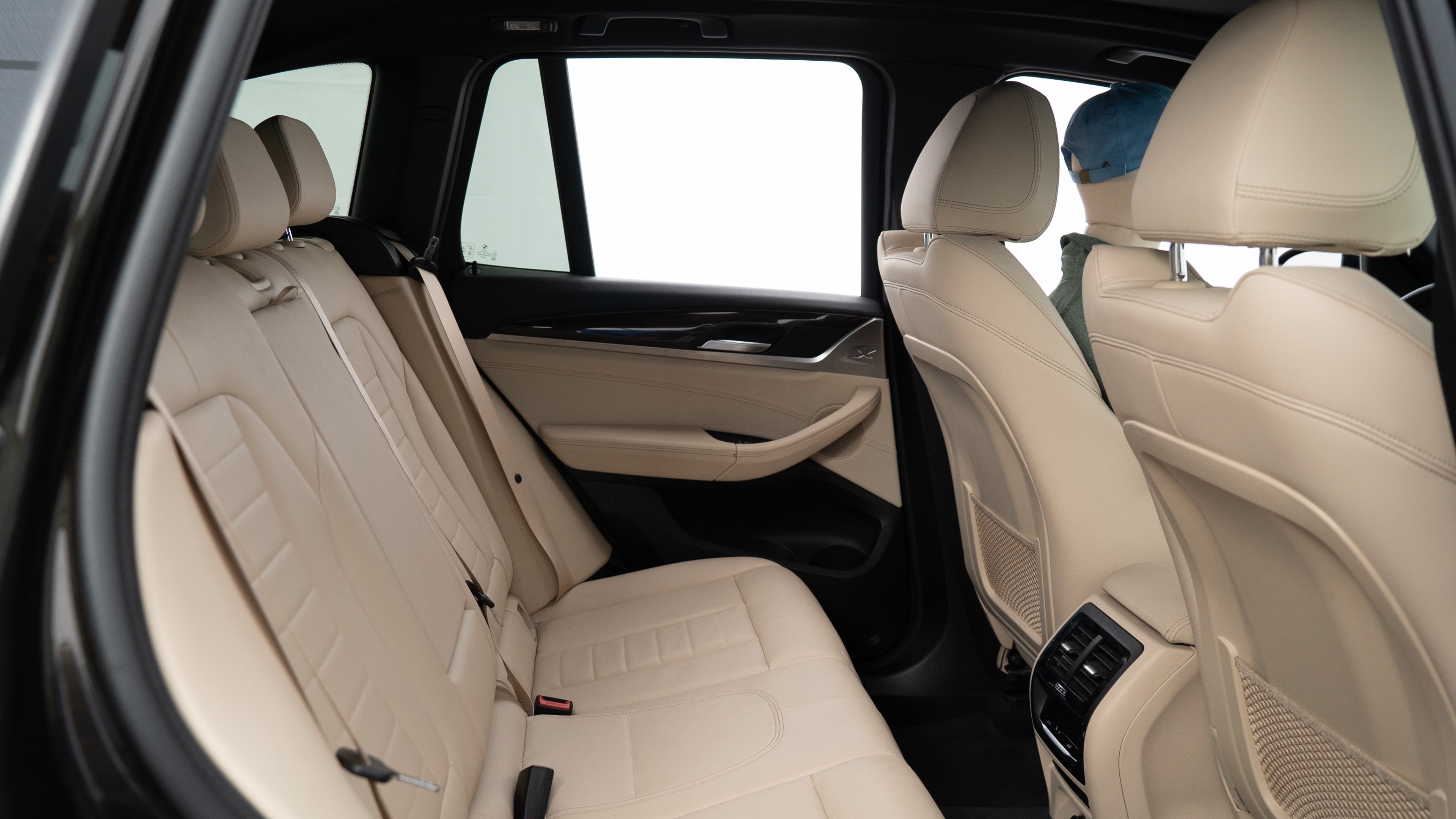 A series of second-row backseat photos is shown including one seating a baby seat, a dog and one seating a 6'1" mannequin.