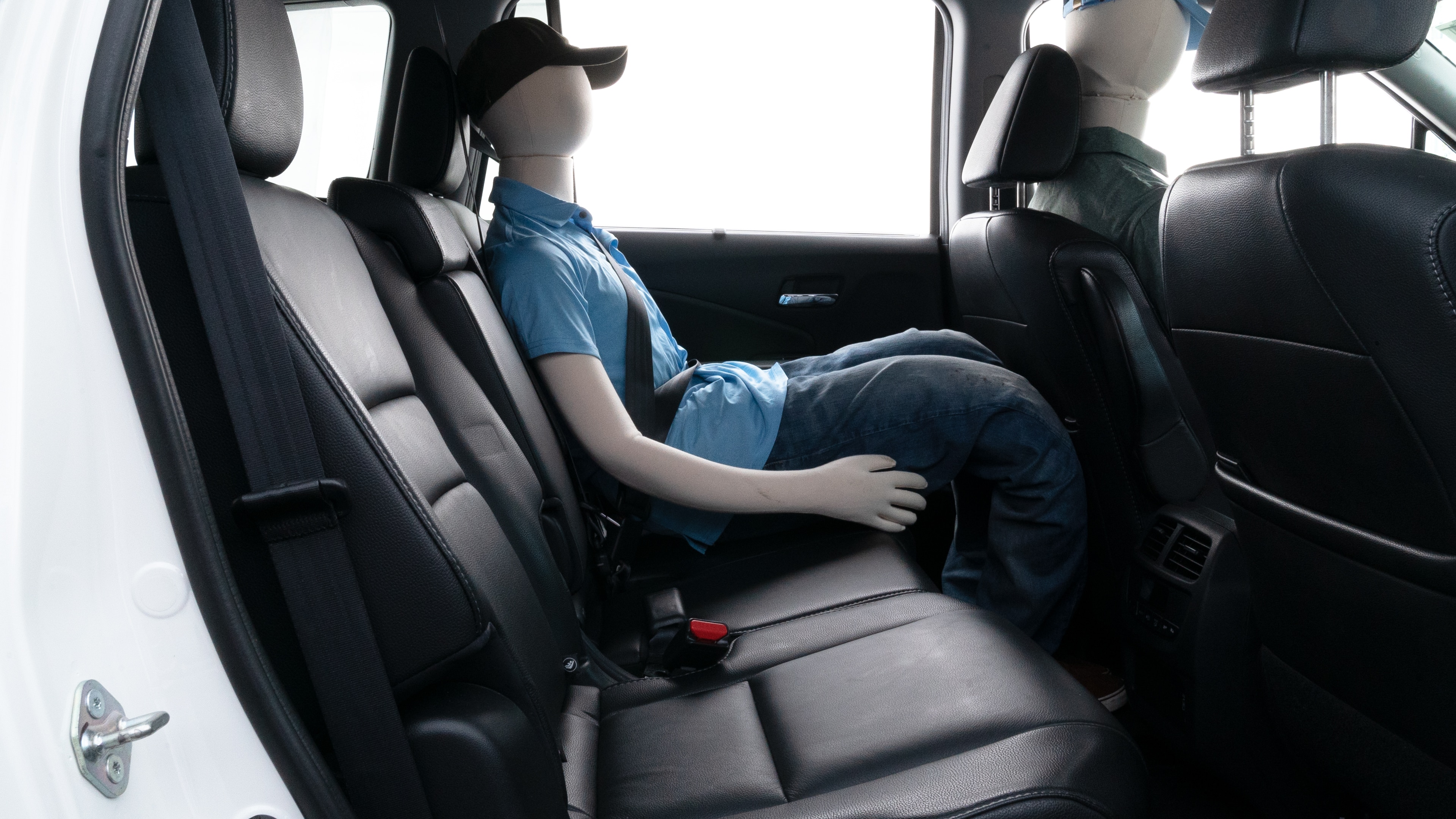 A series of second-row backseat photos is shown including one seating a baby seat, a dog and one seating a 6'1" mannequin.