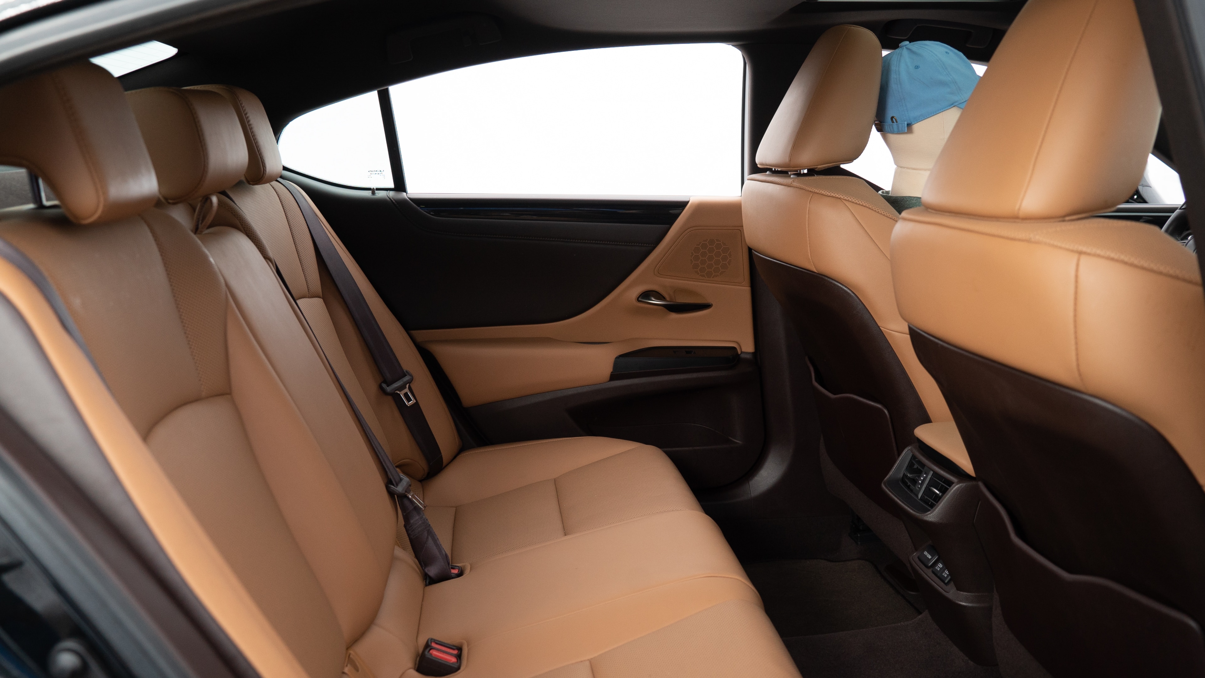 A series of second-row backseat photos is shown including one seating a baby seat, a dog and one seating a 6'1" mannequin.