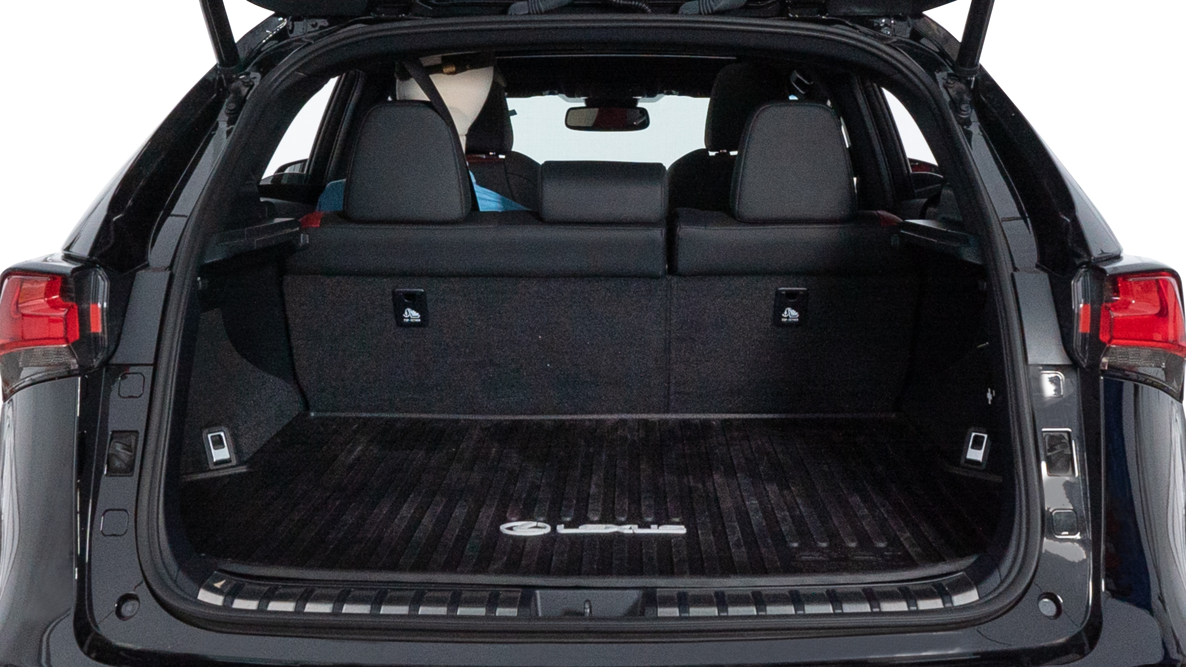 The trunk lid is open showing full view of the trunk. A baby stroller, three grocery carriers, two camping chairs in the carrying bag, and a set of golf clubs are placed inside.