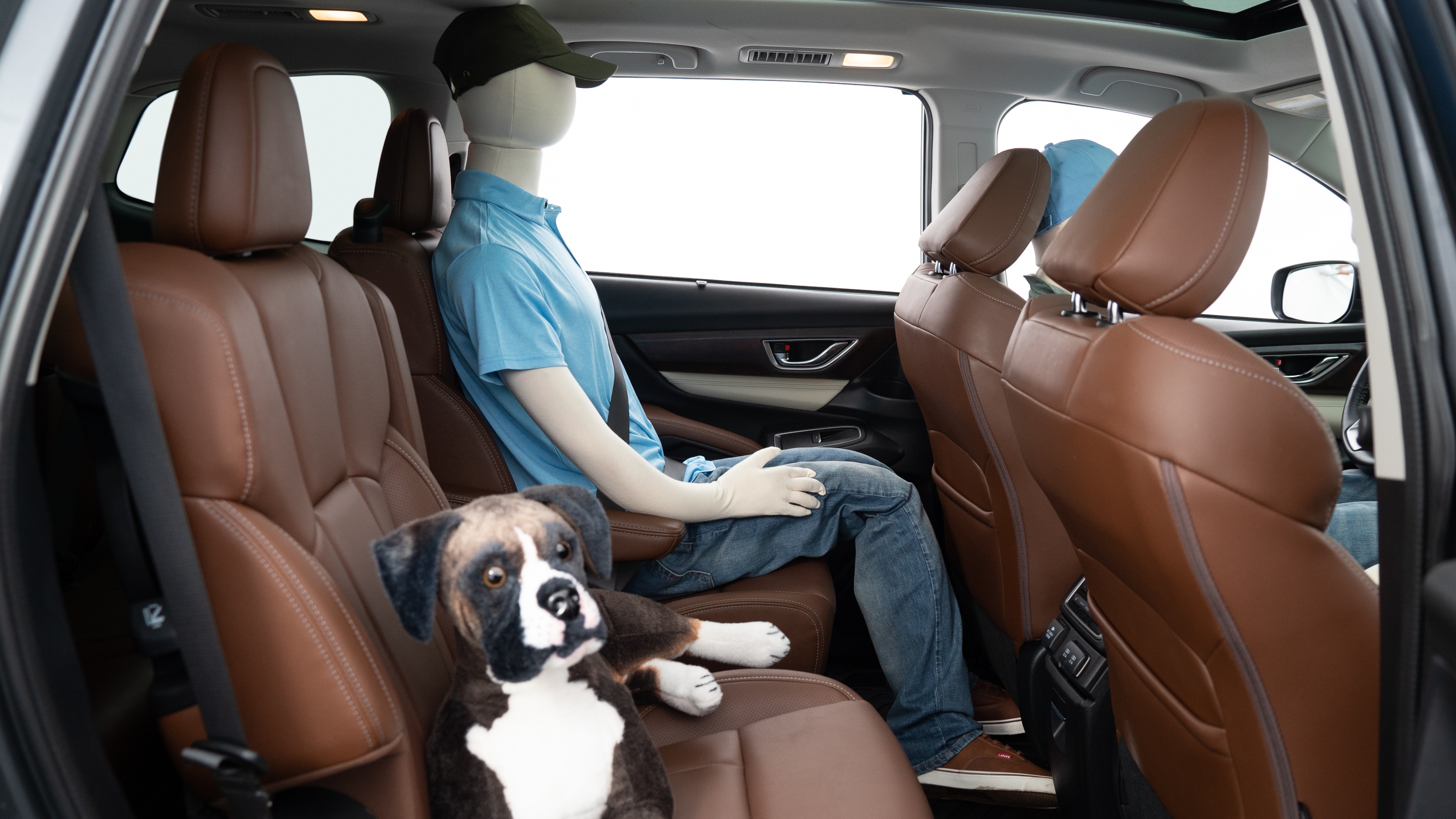 A series of second-row backseat photos is shown including one seating a baby seat, a dog and one seating a 6'1" mannequin.