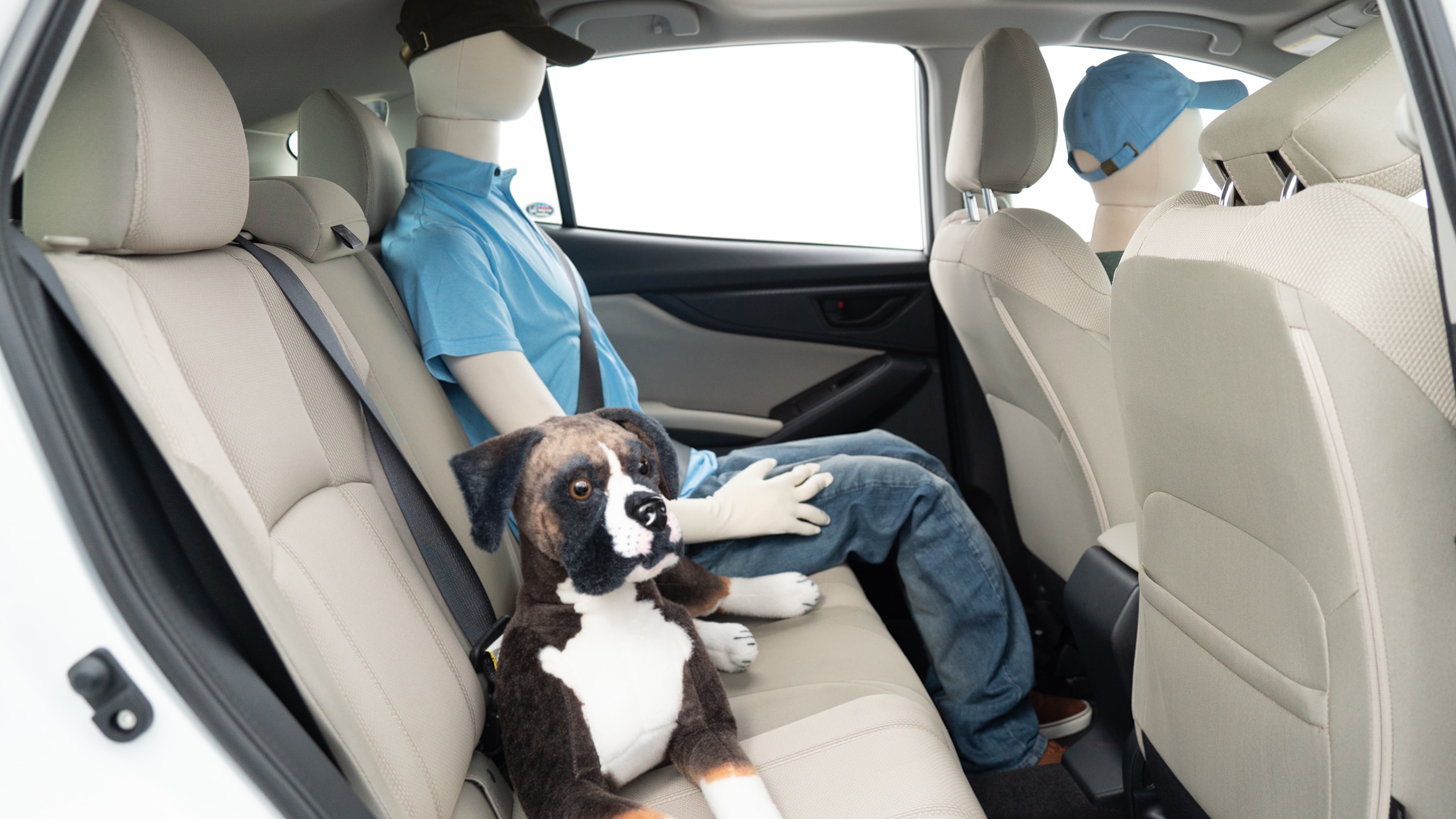 A series of second-row backseat photos is shown including one seating a baby seat, a dog and one seating a 6'1" mannequin.