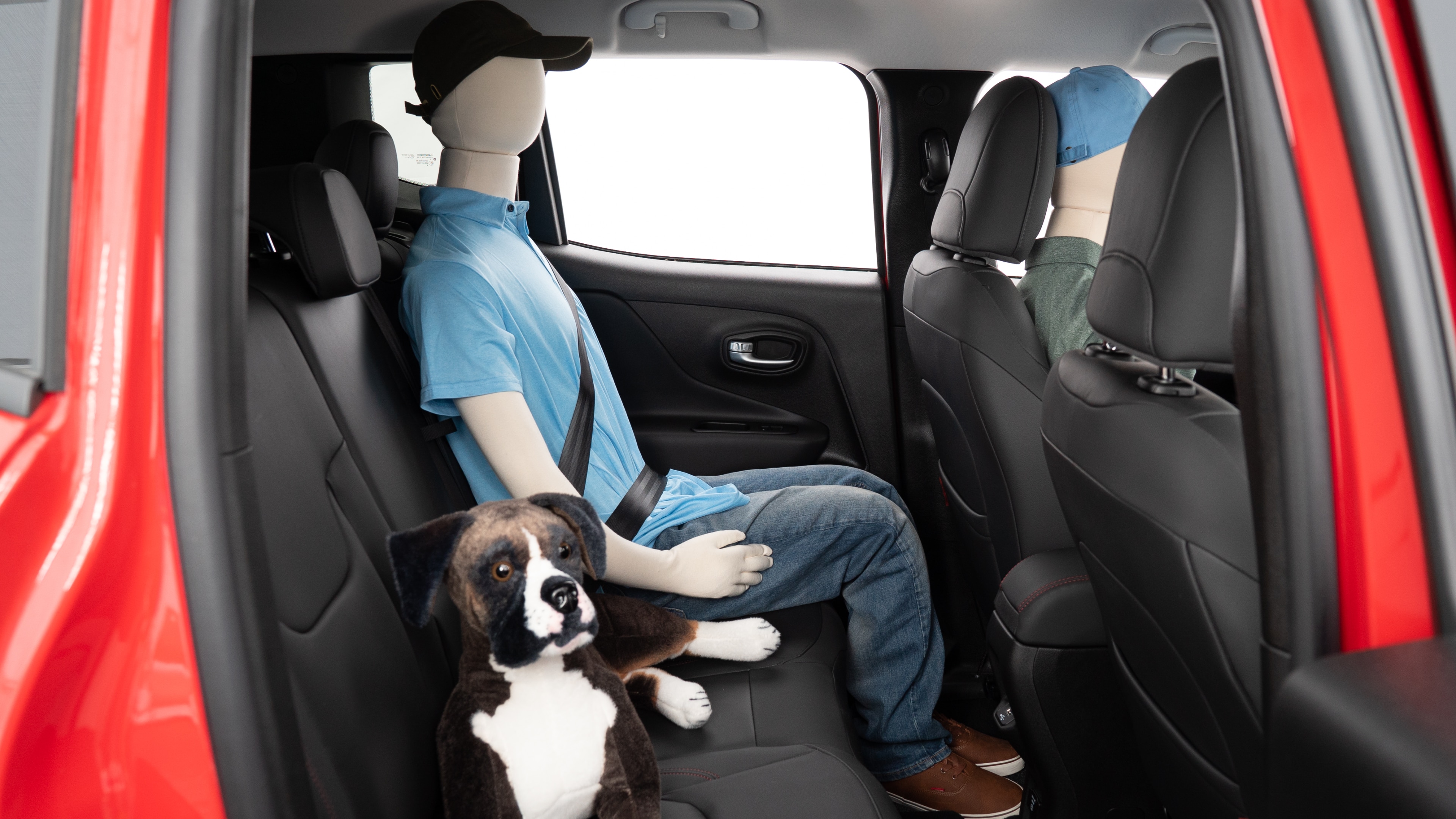A series of second-row backseat photos is shown including one seating a baby seat, a dog and one seating a 6'1" mannequin.