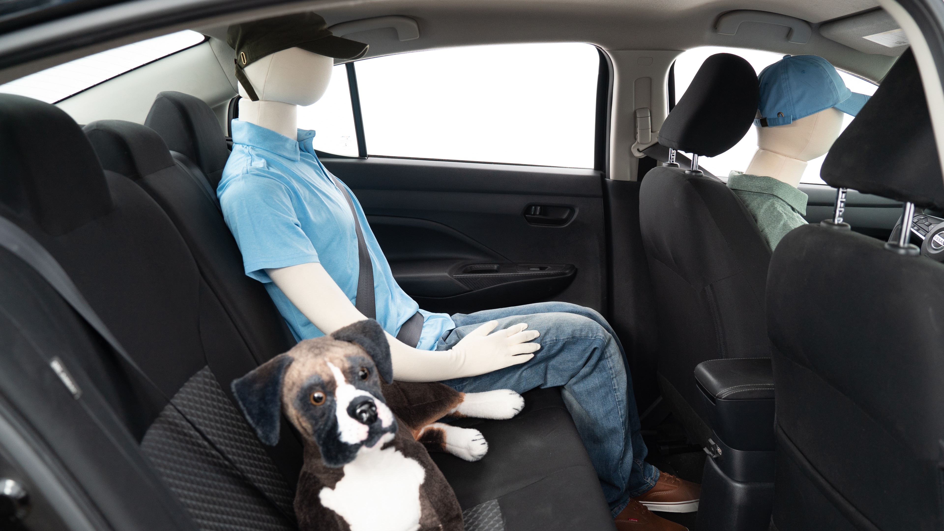 A series of second-row backseat photos is shown including one seating a baby seat, a dog and one seating a 6'1" mannequin.