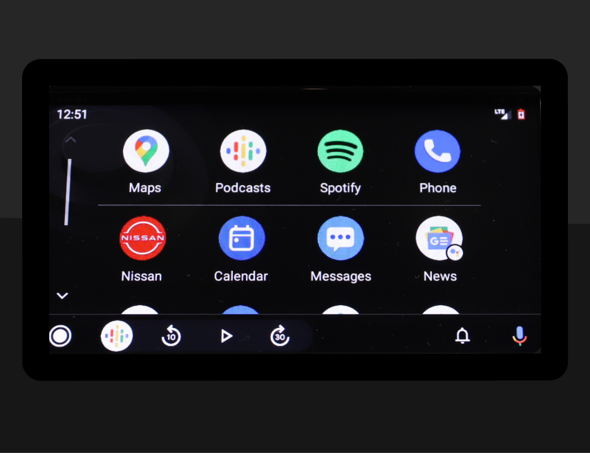 A series of screen shots of how the car display looks while using Android Auto. Two screenshots show the app overview screens and one shows Google Maps.