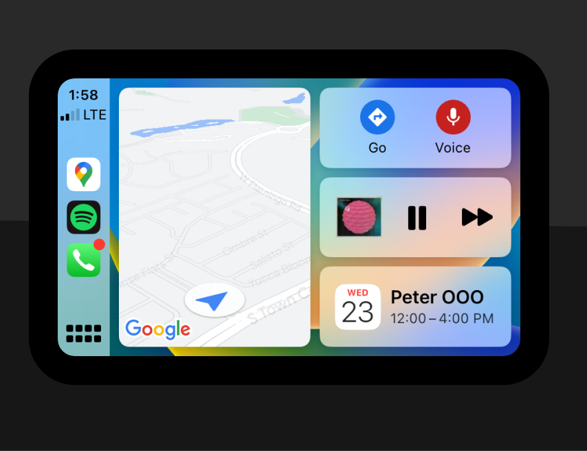 A series of screen shots of how the car display looks while using Apple CarPlay. Two screenshots show the app overview screens, one Apple Maps, and one a split screen view that shows maps, music, and location information.