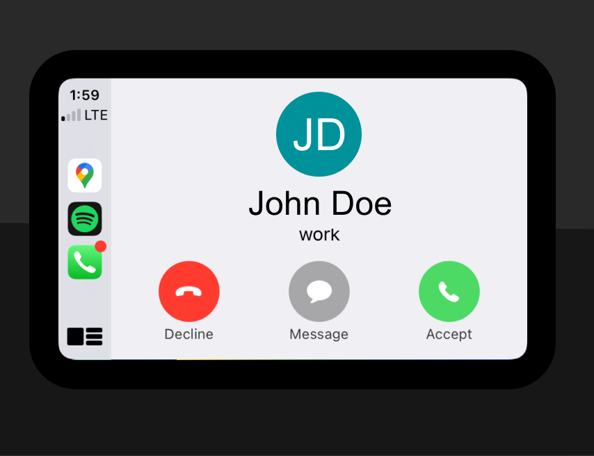 A series of screen shots of how the car display looks while using Apple CarPlay. Two screenshots show the app overview screens, one Apple Maps, and one a split screen view that shows maps, music, and location information.