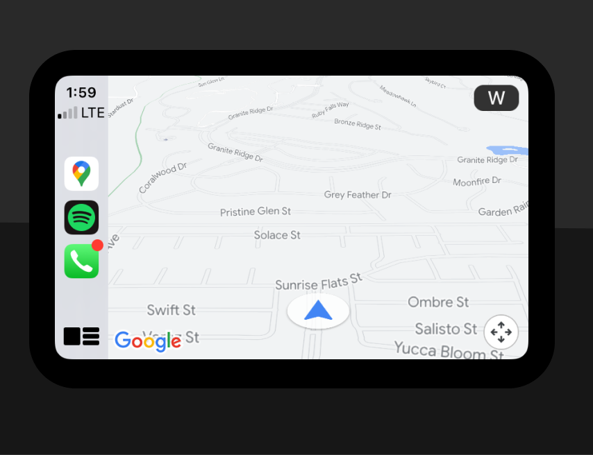 A series of screen shots of how the car display looks while using Apple CarPlay. Two screenshots show the app overview screens, one Apple Maps, and one a split screen view that shows maps, music, and location information.