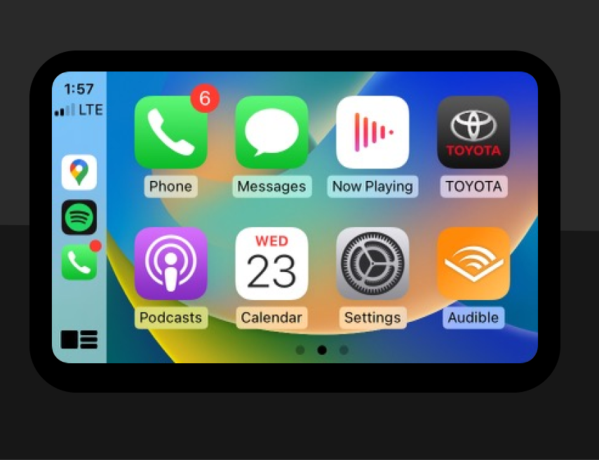 A series of screen shots of how the car display looks while using Apple CarPlay. Two screenshots show the app overview screens, one Apple Maps, and one a split screen view that shows maps, music, and location information.